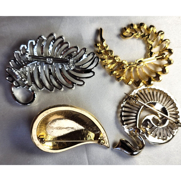 Vtg Brooch Lot 4 Pc Goldtone Silvertone Leaves Abstract Rhinestone 70s 80s Retro - Picture 6 of 6
